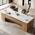 thumbnail image 5 of Tribesigns 85.8" L-Shaped Executive Desk, Extra Large Office Desk with File Drawers, Modern Business Furniture with Door Cabinet, Shelves for Home Office, White & Brown, 5 of 6