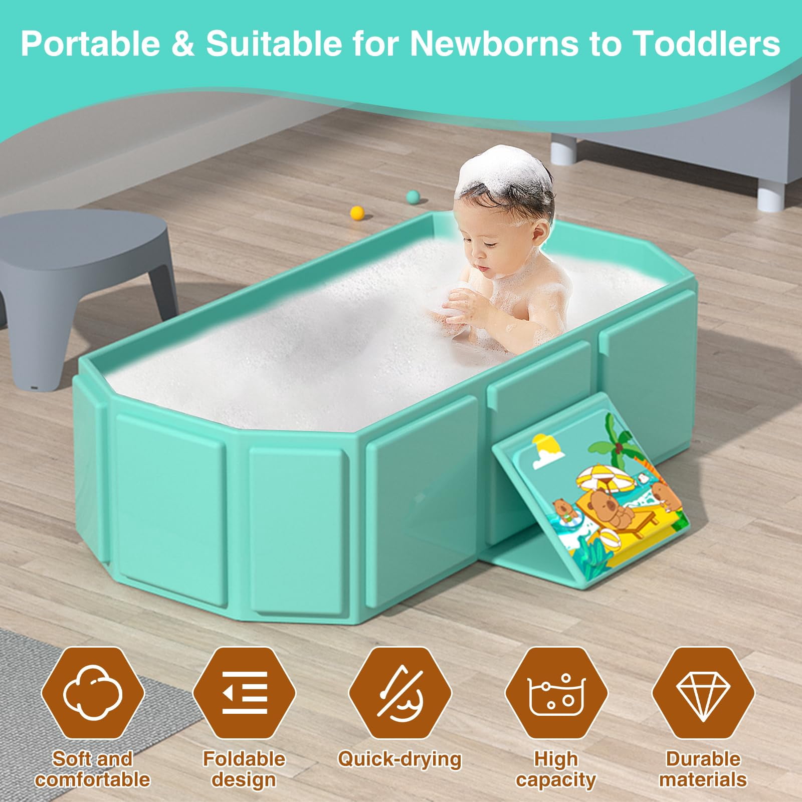 Soluxeo Foldable Baby Bathtub, Portable Toddler Bathing Tub without Assembly, Space Saving and Anti-Slip, Bathtub for Outdoor Travel, Green