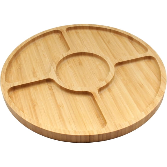 Natural 12" Bamboo Round 5 Compartment Serving Tray/Platter, Charcuterie Board, Perfect for Snacks, Party Platter, Appetizers - 1 Tray