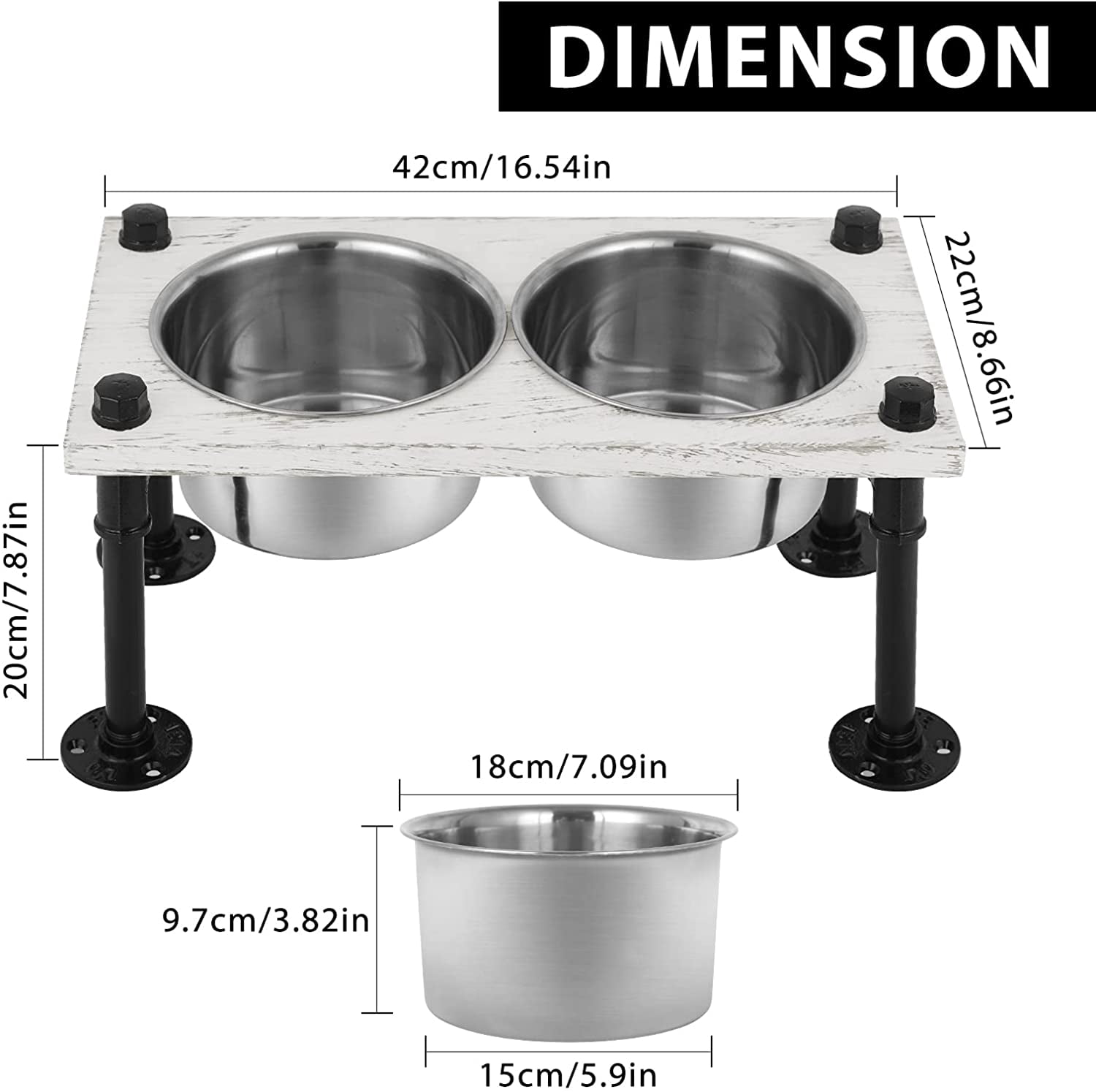 Elevated Dog Bowls- Raised Dog Bowls with Double Dog Bowls, Dog Bowl Stand with Rustic Wood Panel and Industrial Pipeline Base - 7.87"(H)