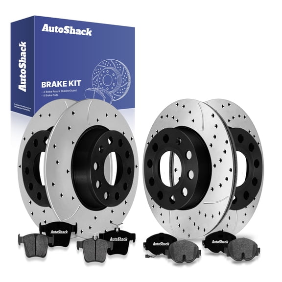 AutoShack Front Vented & Rear Solid Drilled & Slotted E-Coated Brake Rotors   Premium Ceramic Pads 12-PC Brake Kit Replacement for 2015-2016 Audi A3 2015-2017 Volkswagen e-Golf ShadowGuard