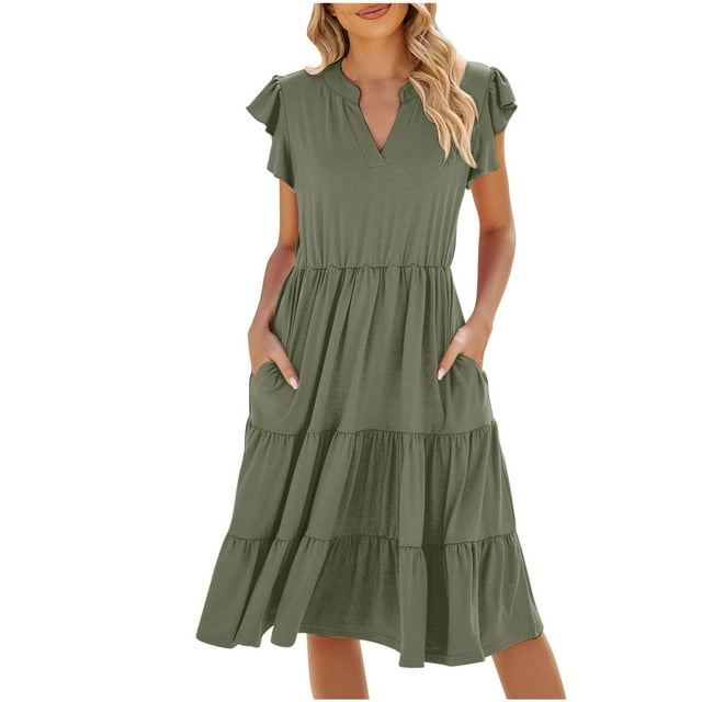 Abcnature Robe d'Été Décontractée Chic à Col en V pour Femmes avec Manches Courtes à Volants Longueur Midi Respirante Confortable Robe Unie pour Tendance Mode 2025