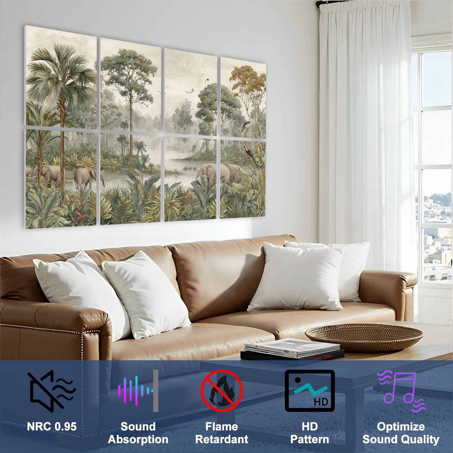 8 Pack Art Acoustic Panels Sound Absorbing Serene Tropical Jungle Scene Elephants Birds Decorative Soundproof Wall Panels Self Adhesive for Nursery Game Room Bedroom 48"x32"