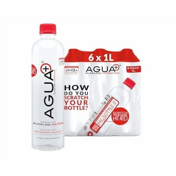 Agua Plus pH9  Alkaline Water Bottles - 33.8 fl oz (1L) 6 Pack - The Official Water of MLP