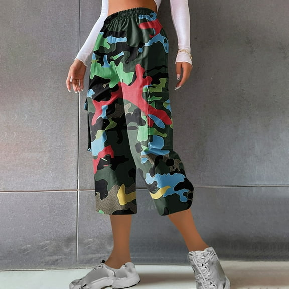 Stephy Women's Casual Camouflage Print Cargo Pants Stretch Elastic Waist Tapered Pants with Pockets, Red, L