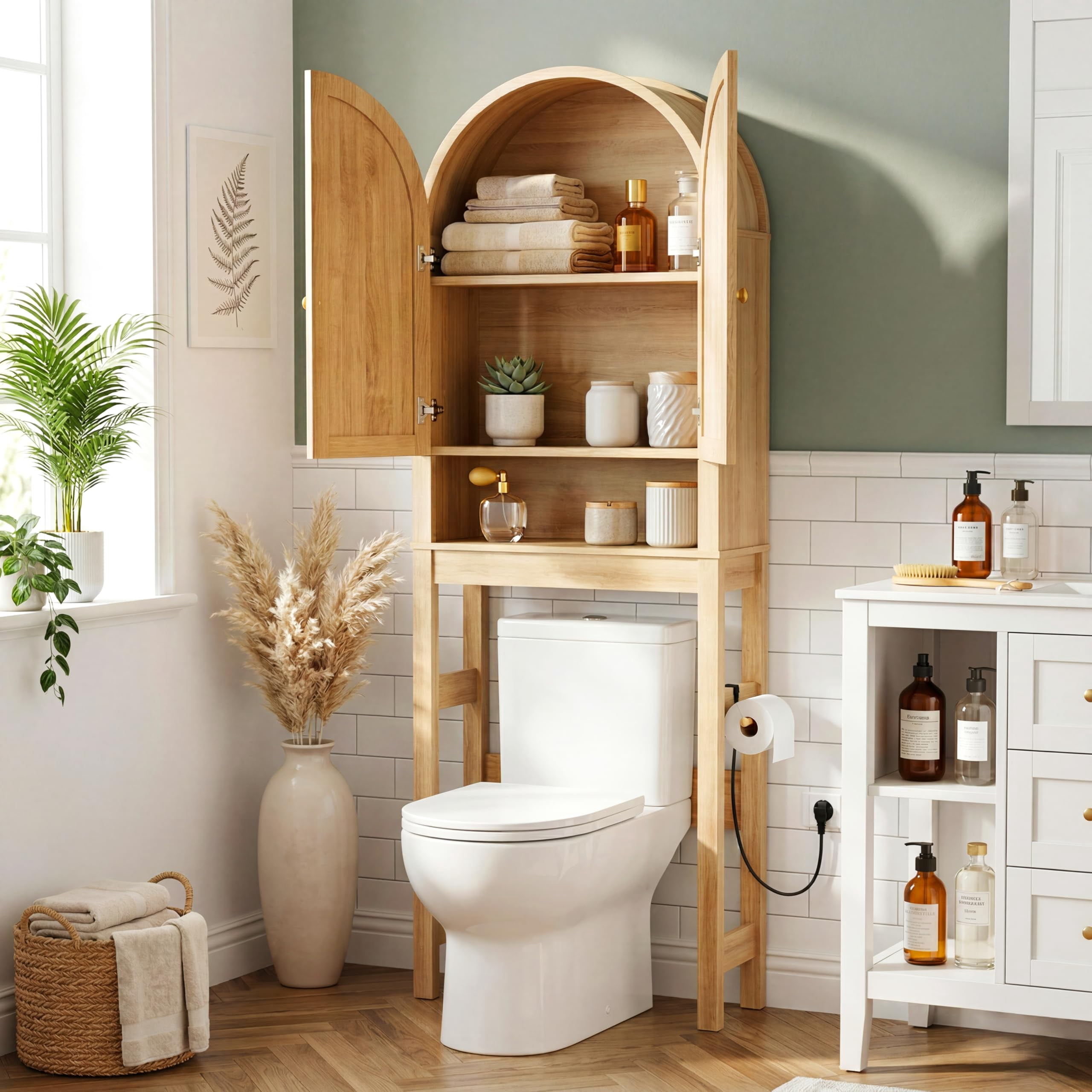 HMstone Over The Toilet Storage Cabinet, 23.7’’W Bathroom Storage Shelf Organizer with Doors, Freestanding Above The Toilet Storage Cabinet with Adjustable Shelf for Bathroom, Natural