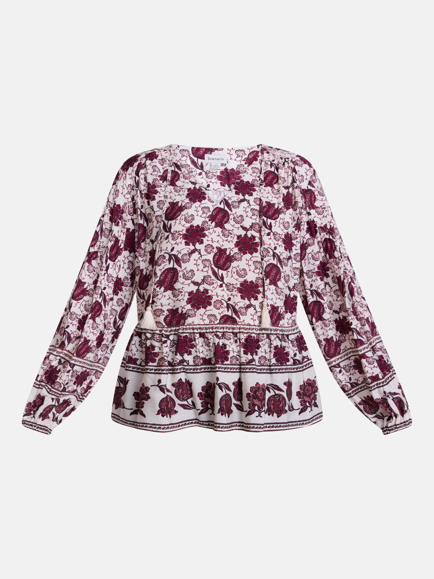 Scenario Women's and Women's Plus Gathered Yoke Blouse with Long Sleeves, Sizes XS-4X