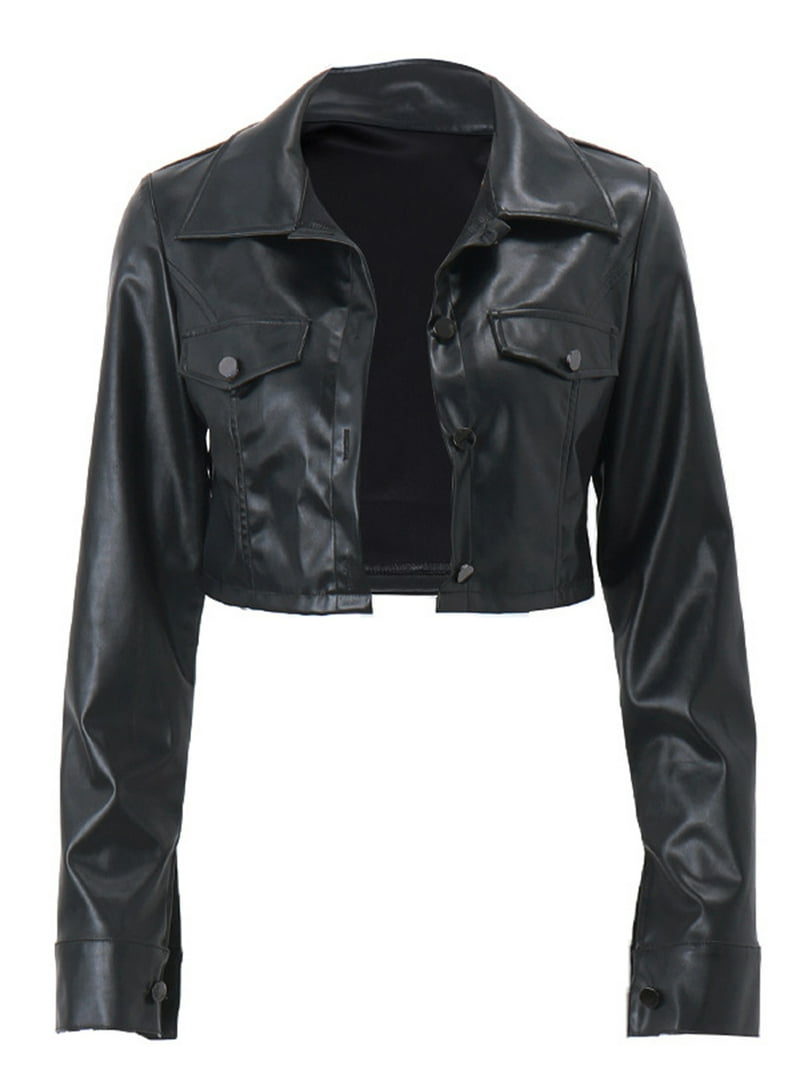 Women Vintage Leather Motorcycle Jacket Casual Long Sleeve Button