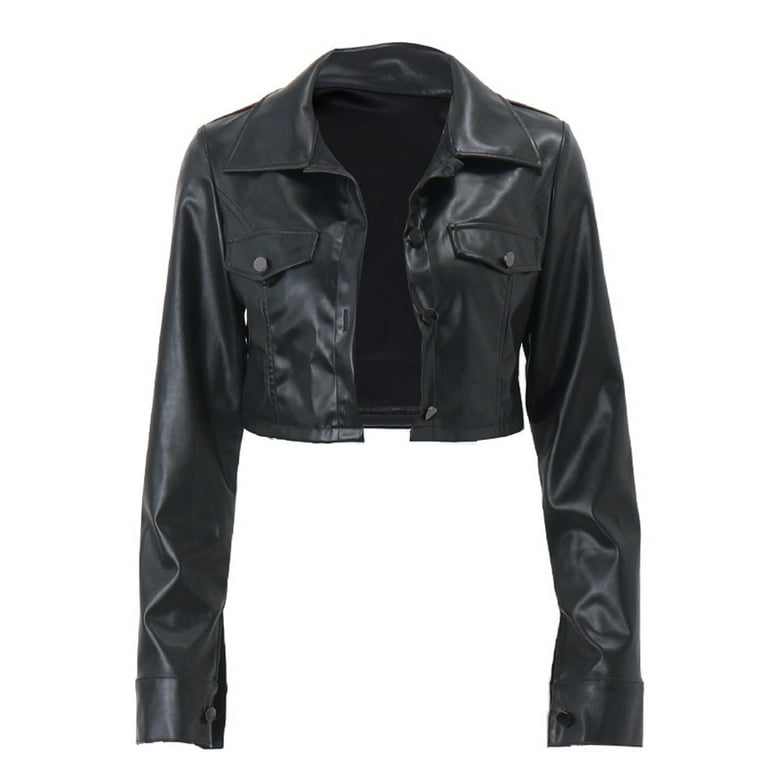 MIPREWUY Women Crop Leather Jacket Solid Color Casual Long MIPREWUY Women Crop Leather Jacket Solid Color Casual Long