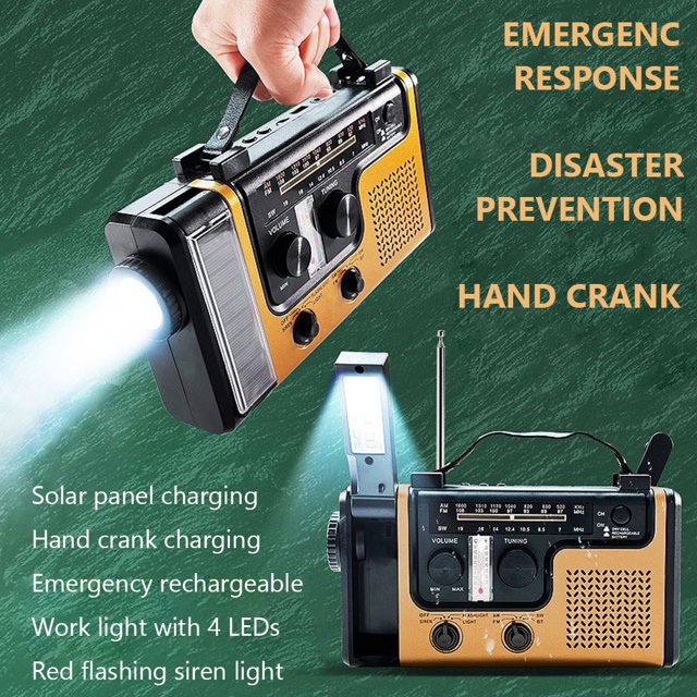 AM FM SW Banco de energía de emergencia Alarma SOS Luz LED Manivela Radio meteorológica solar