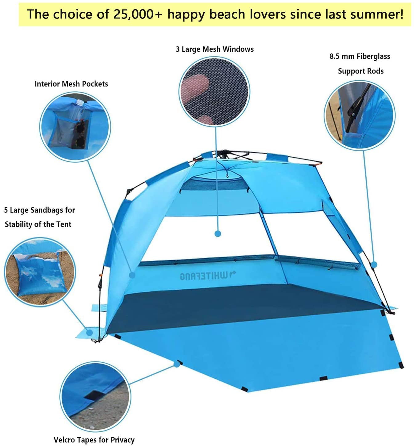 WhiteFang Deluxe XL Pop Up Beach Tent Sun Shade Shelter for 3-4 Person Extendable Floor with 3 Ventilating Windows Plus Carrying Bag Stakes UV Protection and Guy Lines