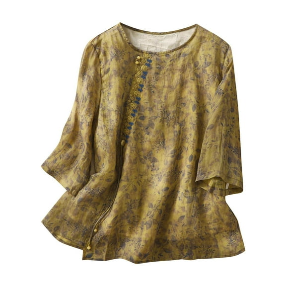 Cotton Linen Womens Shirt Tops 3/4 Sleeve Round Neck Tie Vintage Floral Print Casual Loose Summer Fall Flowy Blouse Tops,Green,M