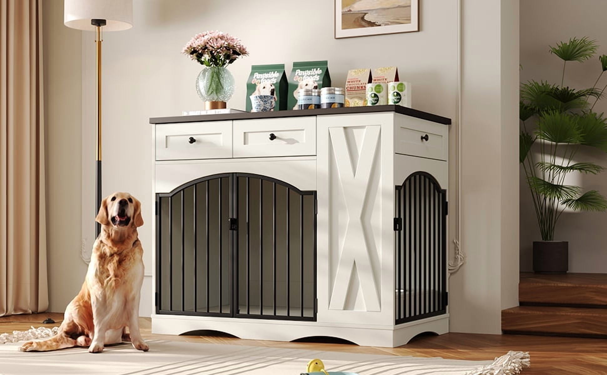 Mintazer 43.3" Farmhouse End Table Dog Crate Furniture & 2 Doors, Indoor Pet Kennel with 3 Storage Drawers & Detachable Feeder Tray, Dog Cage End Table for Medium Large Dogs, Black & White