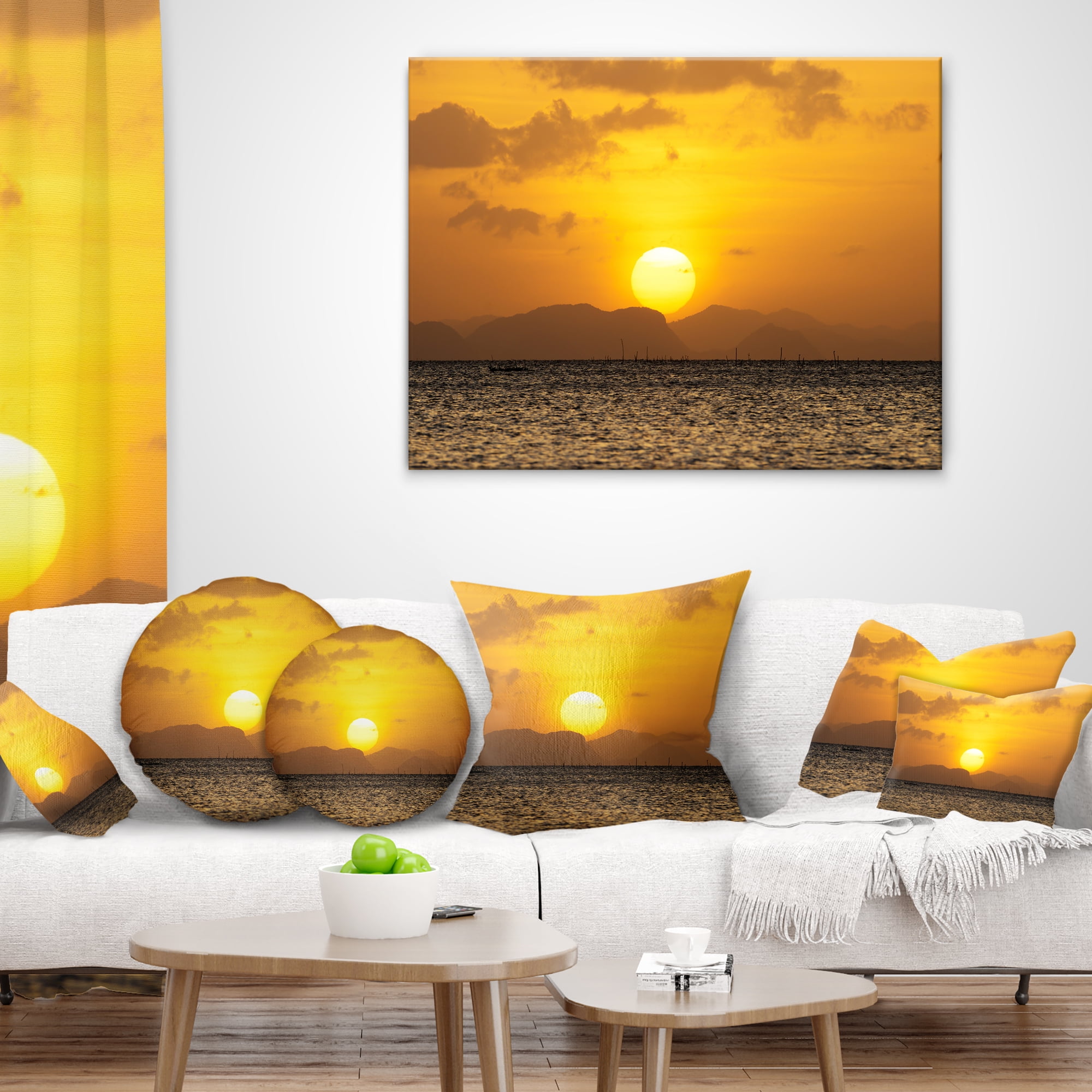 Designart Yellow Sunset and Brown Ocean - Seashore Throw Pillow - 12x20