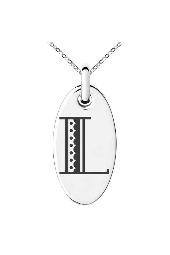 Stainless Steel Letter L Initial Metro Retro Monogram Engraved Small Oval Charm Pendant Necklace