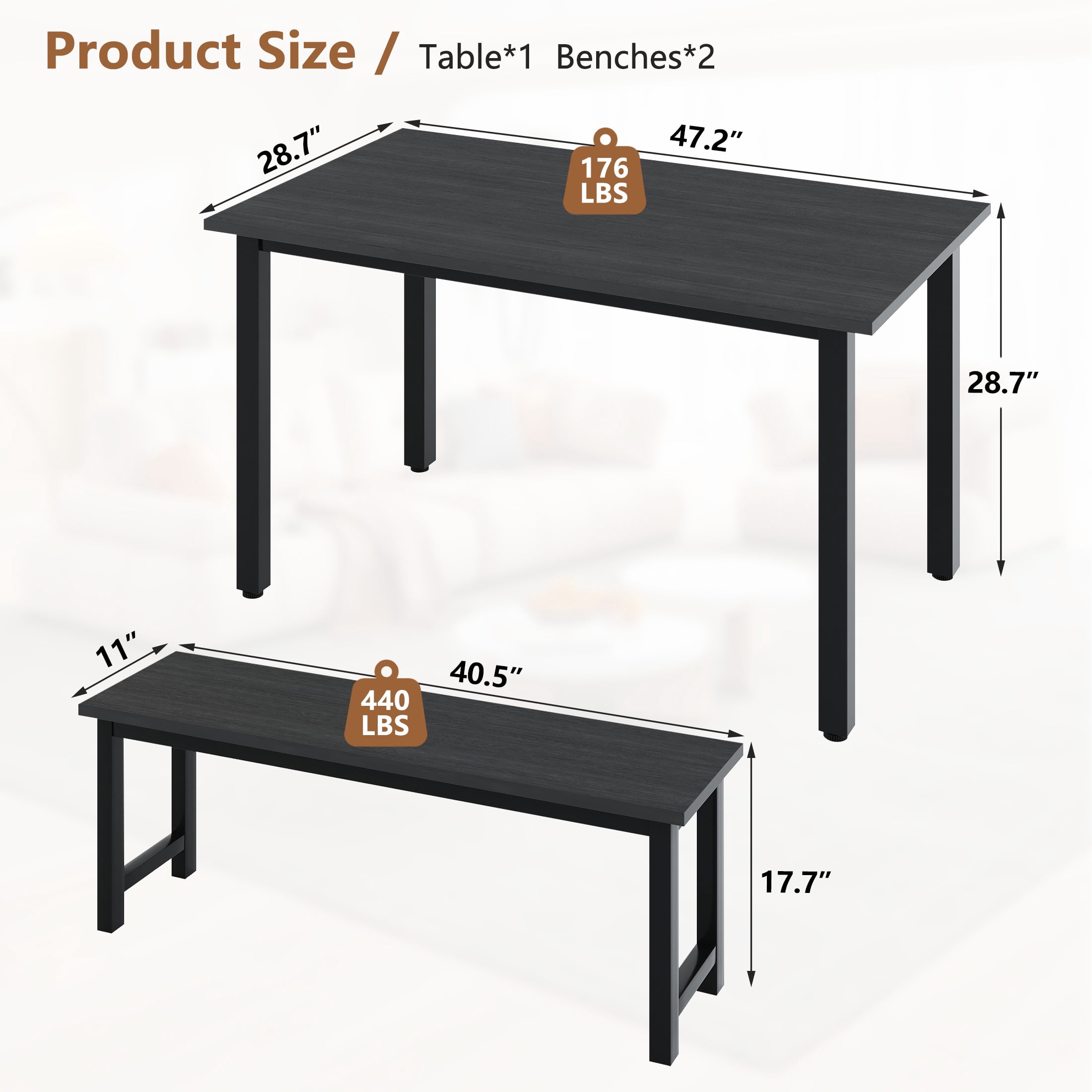 PORKISS 3 Piece Dining Table Set for 4, Kitchen Table with 2 Benches, Modern Dining Room Table Set with Metal Frame, Space Saving Breakfast Nook Table Set for Small Spaces, Apartment, Black