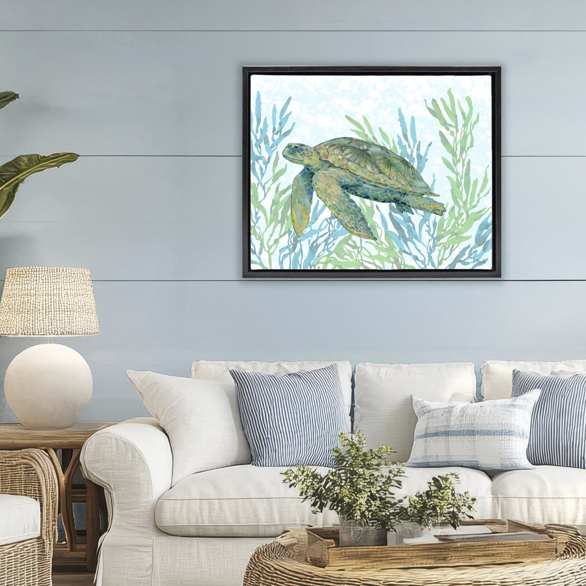 Stupell Industries Tasman Turtle in Seagrass Black Framed Floater Canvas Wall Art, design by Paul Brent