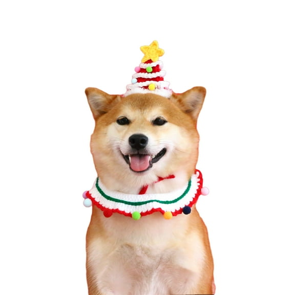 Knit Christmas Tree Hat for Dog Cats Bandanas Holiday Costume for Small Puppy Adjustable Pet Santa Cap Headpiece