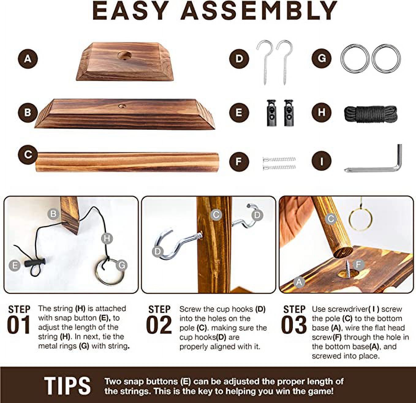 Wooden Hook & Ring Toss Game - Handmade Indoor/Outdoor Party Game For Kids & Adults