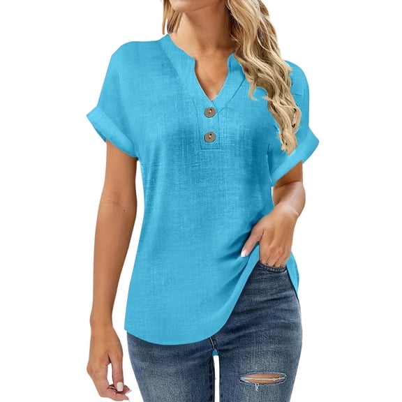JSKUMAR Plus Size Women's Linen Summer Tops Short Sleeve V Neck Button Tunic Blouse Casual Dressy Tees, Sky Blue|XL