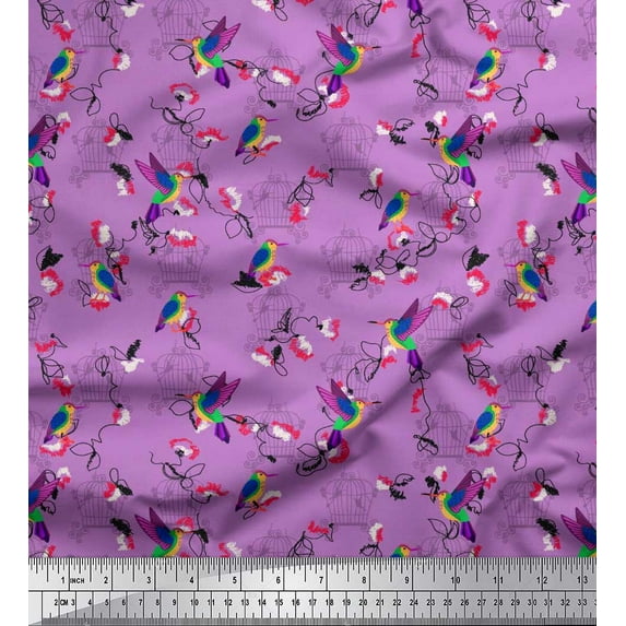 Soimoi Purple Rayon Fabric Cage & Humming Bird Print Fabric by the Yard 42 Inch Wide