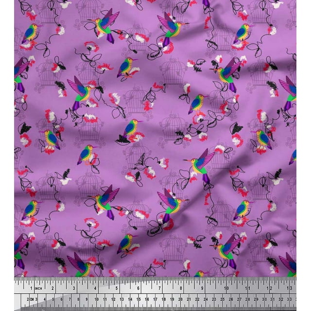 Soimoi Purple Viscose Chiffon Fabric Cage & Humming Bird Printed Craft Fabric by the Yard 42 Inch Wide
