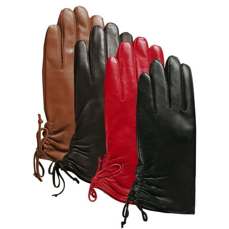 Luxury Lane Women's Lambskin Leather Ruched Tie Gloves