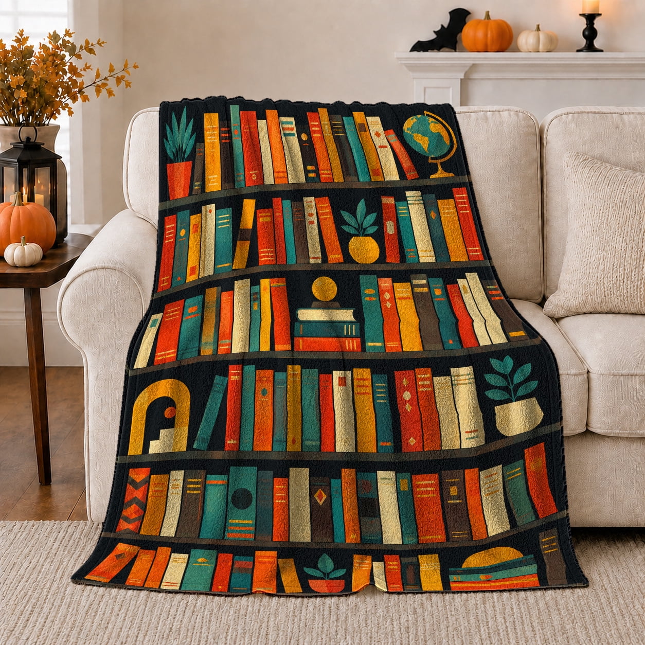 Vintage Bookshelf Library Books Cozy Botanical Scene Warm Flannel Blanket for Sunroom and Reading Nook with Detailed Artwork Garden Lovers Graduation Gift Botanical Home Decor