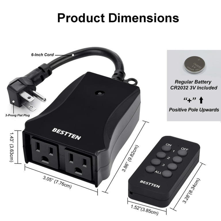 HBN Outdoor Indoor Wireless Remote Control 3-Prong Outlet Weatherproof  Heavy Duty 15 A Compact 1 Remote 3 Outlets with Remote 6-inch Cord 100ft  Range