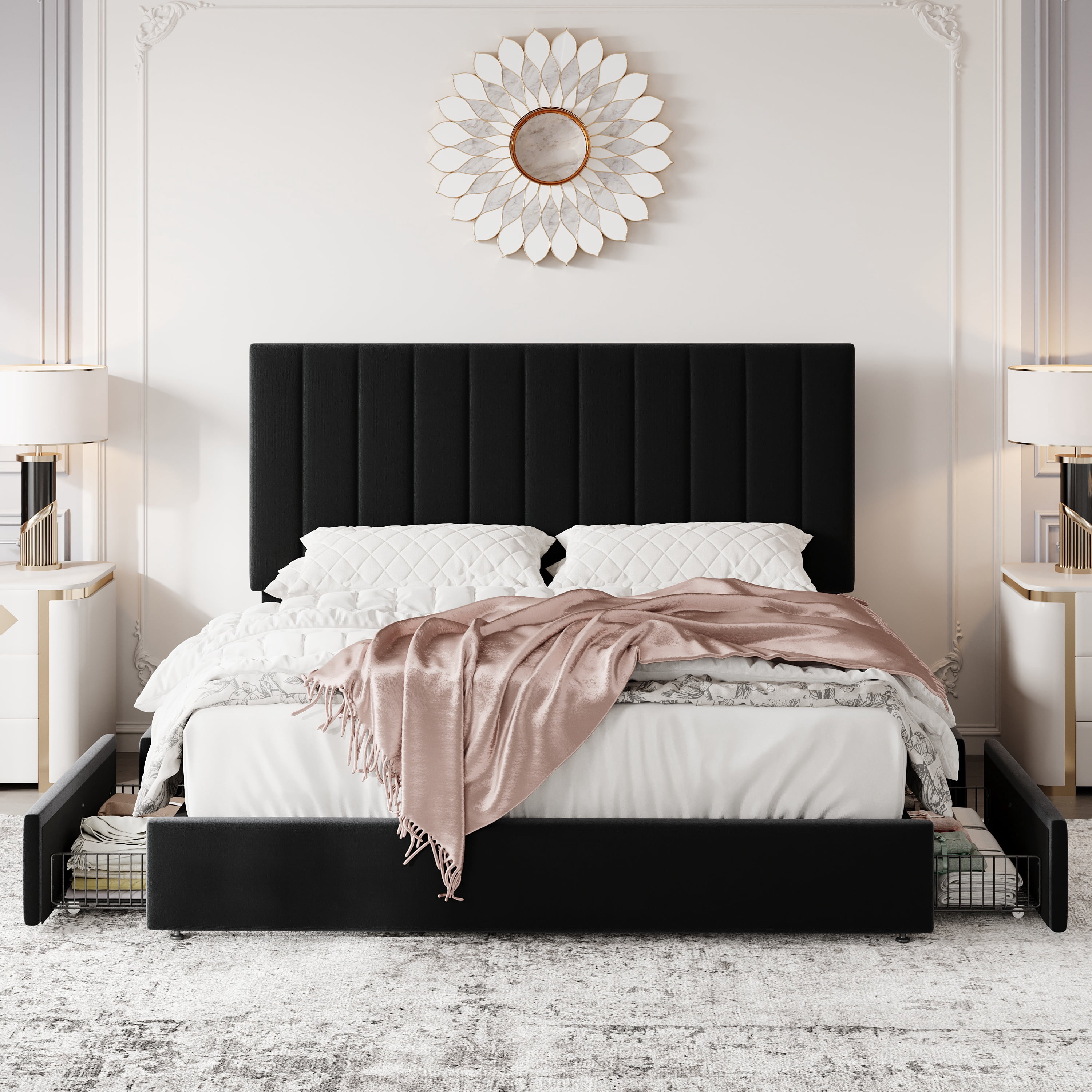 Einfach Full Bed Frame with Adjustable Upholstered Velvet Headboard and 4 Storage Drawers, No Box Spring Required, Black