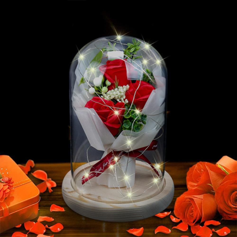 Beauty and The Beast Rose Flower in Glass Dome with Wood Base Led Light String on Rose Unique Gifts for Girlfriend Women Birthday Mother’s Day Anniversary Light Red Valentines Day Rose Gift