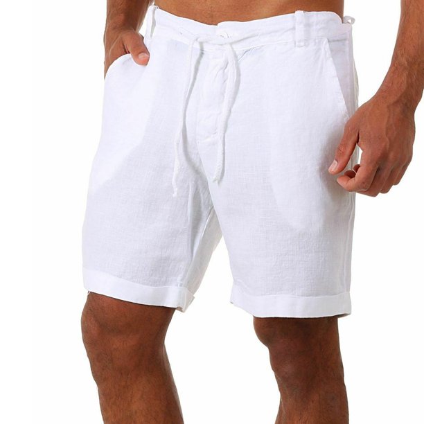 wybzd Men Cotton Linen Casual Elastic Waist Drawstring Shorts Comfy