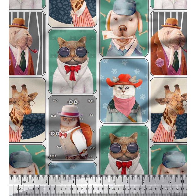 Soimoi Poly Georgette Fabric Paw,Hat & Animals Patchwork Decor Fabric Printed Yard 52 Inch Wide