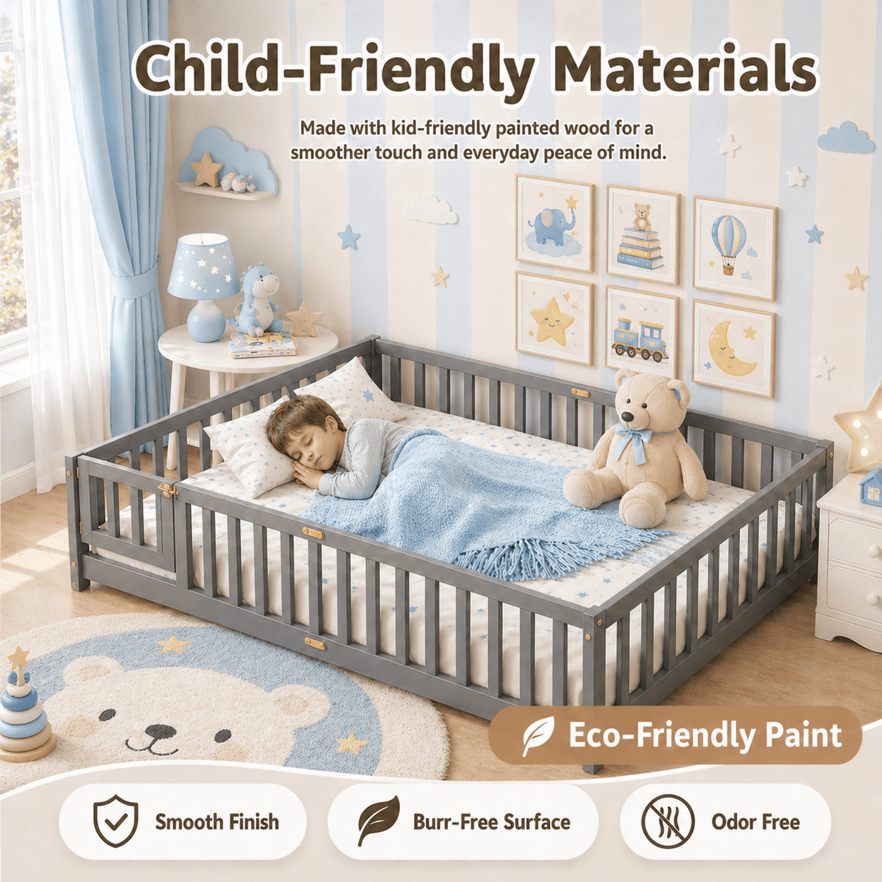 PAPROOS Full Floor Bed Frame, Wood Floor Platform Bed with Fence and Door, No Box Spring Needed, Modern Full Size Montessori Floor Bed for Little Girls Boys, Playhouse Bed Frame, Gray