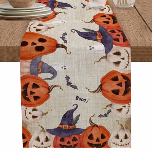 nqOlkjepod Halloween Table Runner 36 Inches Long Farmhouse Dress Scarves, Ghost Bat Pumpkin Trick Or Treat Beige Dining Tablerunner for Coffee Table/Kitchen Island/Party Décor, Small 13" x 36"