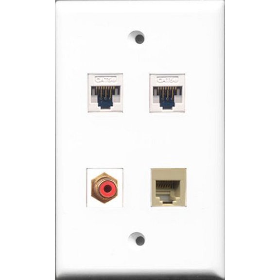 RiteAV - 1 Port RCA Red and 1 Port Phone RJ11 RJ12 Beige 2 Port Cat5e Ethernet White Wall Plate