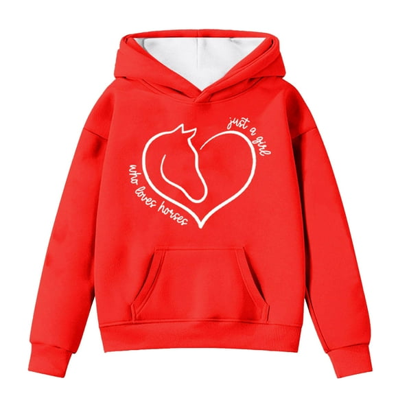 Teen Girls Hoodies Sweatshirts Winter Warm Pullover With Pocket Cute Horse Print Long Sleeve Hooded Sweatshirt Kids Clothes Red Size 13-14T