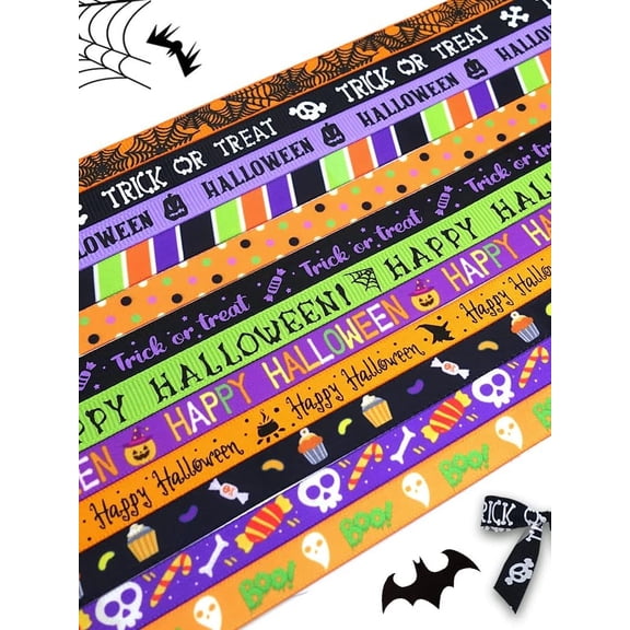 Hying 1 Yards 3/8" Halloween Grosgrain Ribbons Trick or Treat Bat Candy Skull Ghost Ribbon