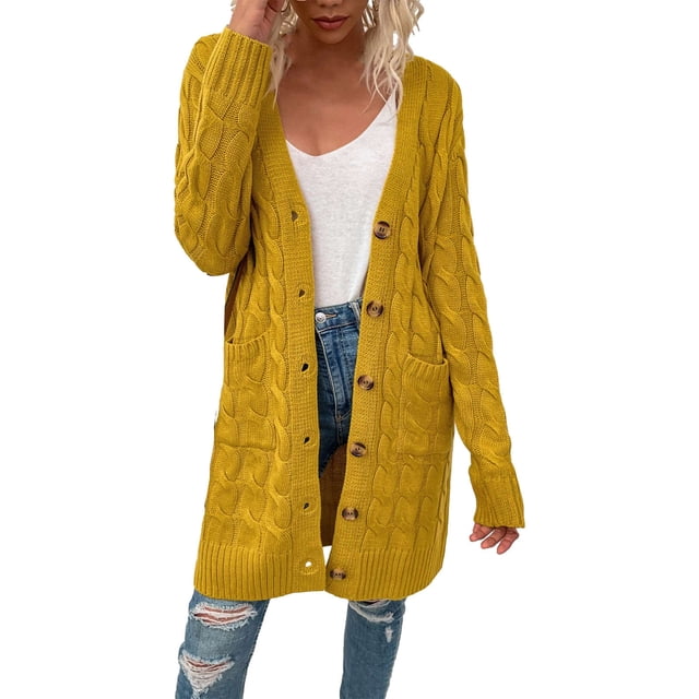 AherBiu Cardigan Sweaters for Women Cable Knitted Mid-Long Button down Fall Winter Women's Clothes