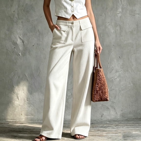 Stralyhd Wide Leg Pants Woman Corduroy High Waisted Button Up Work Pants Women Trendy Business Casual Outfits Comfort Fit Trousers White M