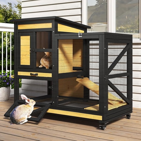 TIMHAKA 40'' Rabbit Cage, Indoor & Outdoor Bunny Hutch, 2-Story Wooden Guinea Pig Cages w/ Wheels & 2 Deeper No Leak Trays