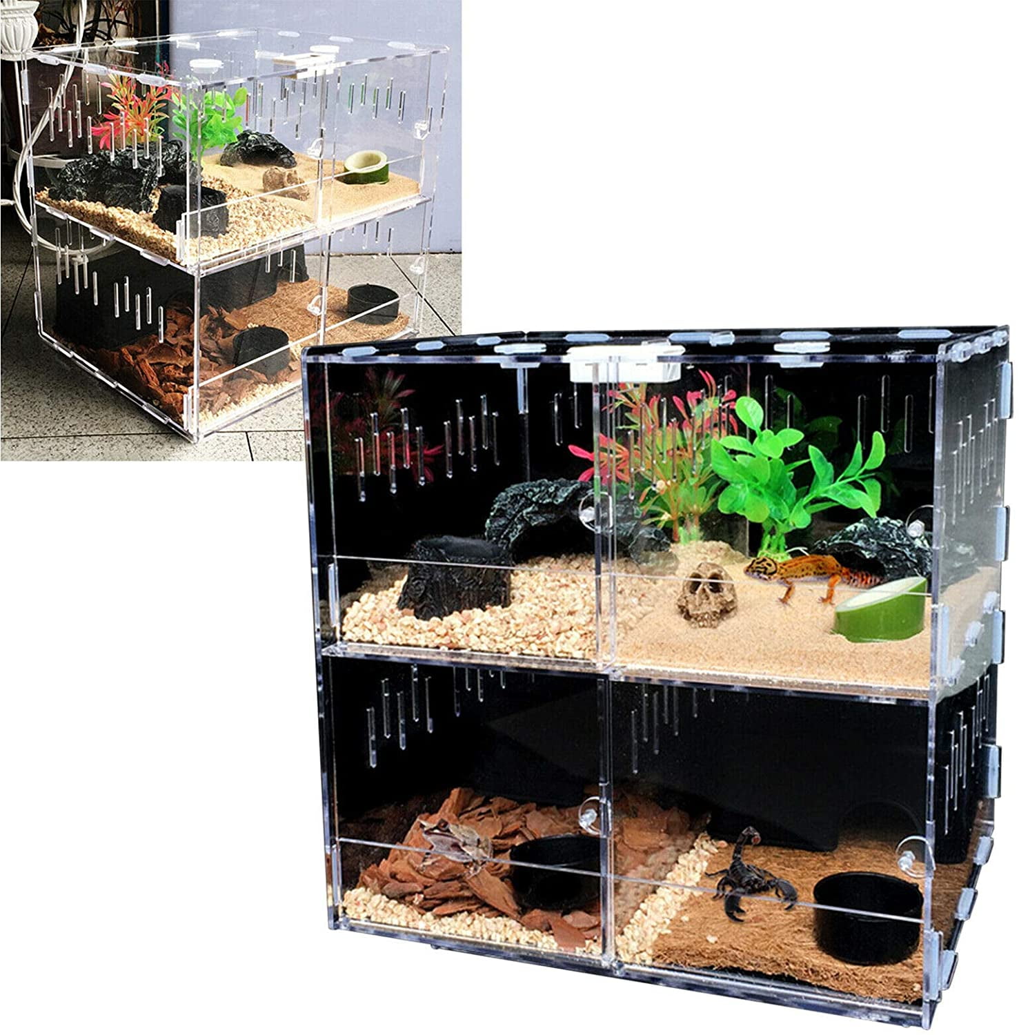 Reptile Breeding Tank,Reptile Terrarium Cage w/8 Acrylic Grids Transparent Insect Spiders Lizard Breeding Box w/Hygrometer and Heating Pad Pet Feeding Box Acrylic Feeding Box White 