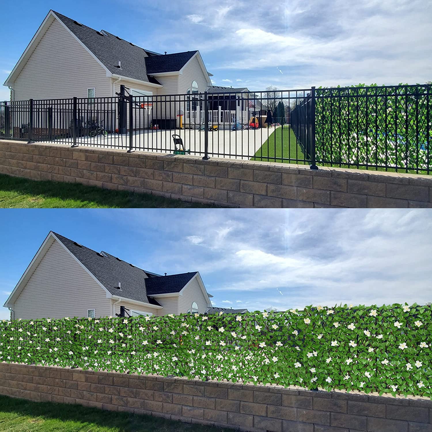 Expandable Faux Ivy Privacy Fence for Balcony, Outdoor Decorative Fencing Panel with White Flowers