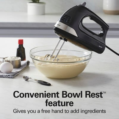 6 Speed Hand Mixer with Easy Clean Beaters Snap-On Case 7 Attachments Black : 275W, Dishwasher-Safe Parts