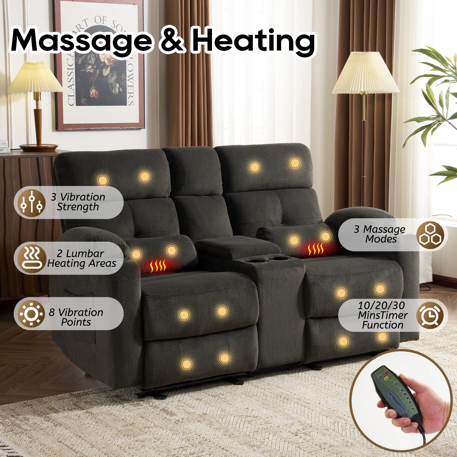 PYOIER Reclining Loveseat Sofa With Massage & Heating, Grey