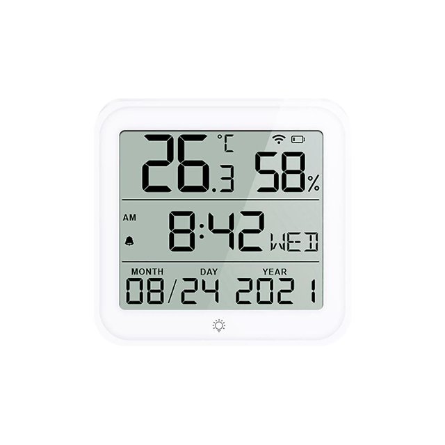 Sensor de temperatura y humedad para hogar inteligente con wifi Sensor de alarma de temperatura interior Smart Life con reloj F blanco