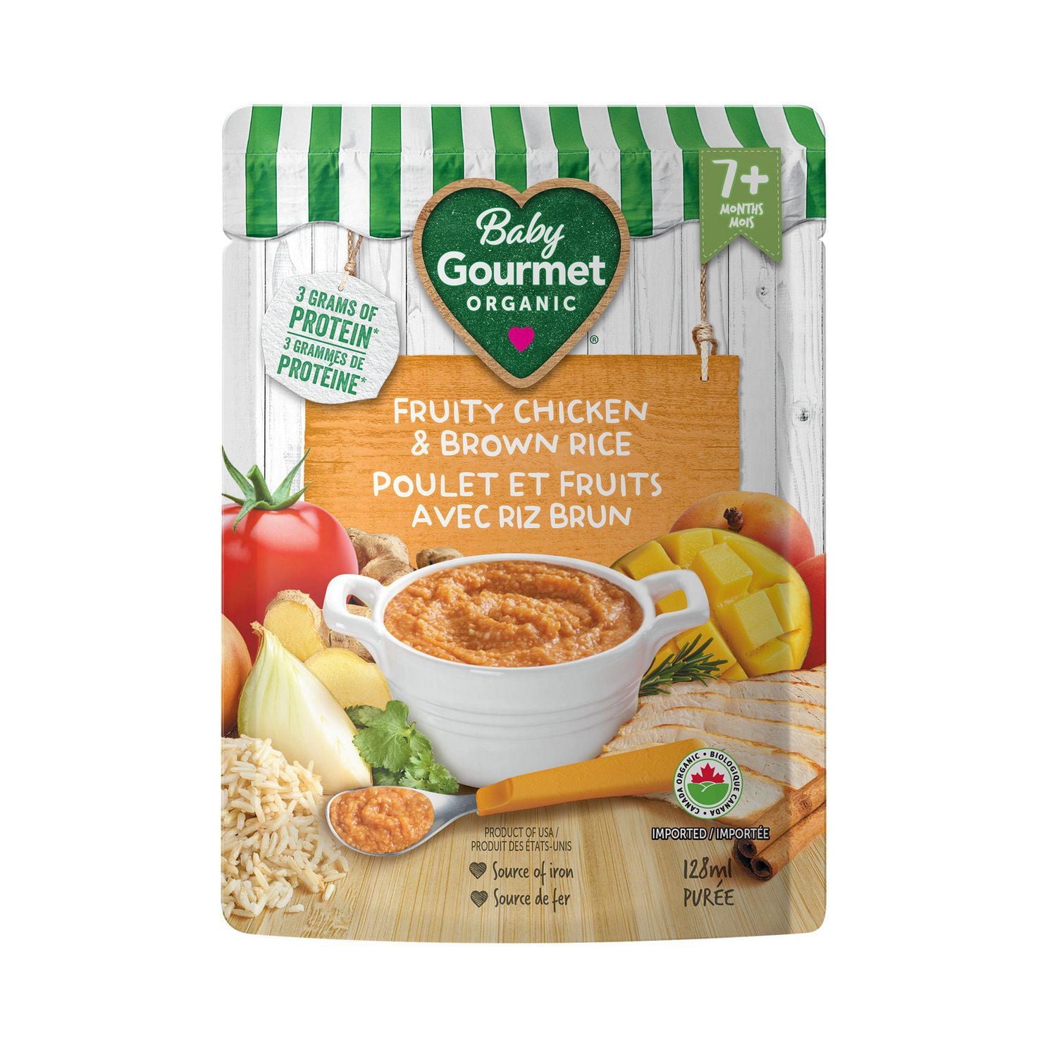 Plat préparé biologique poulet et fruits avec riz brun de Baby Gourmet Purée - 128 mL
