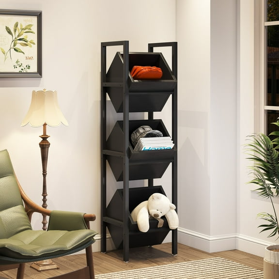 Tribesigns 3-Tier Basket Stand, Wood Snack Rack with Baskets, Rustic Vertical Fruit Stand Standing Storage Tower Organizer for Kitchen Bathroom Living Room (Black)