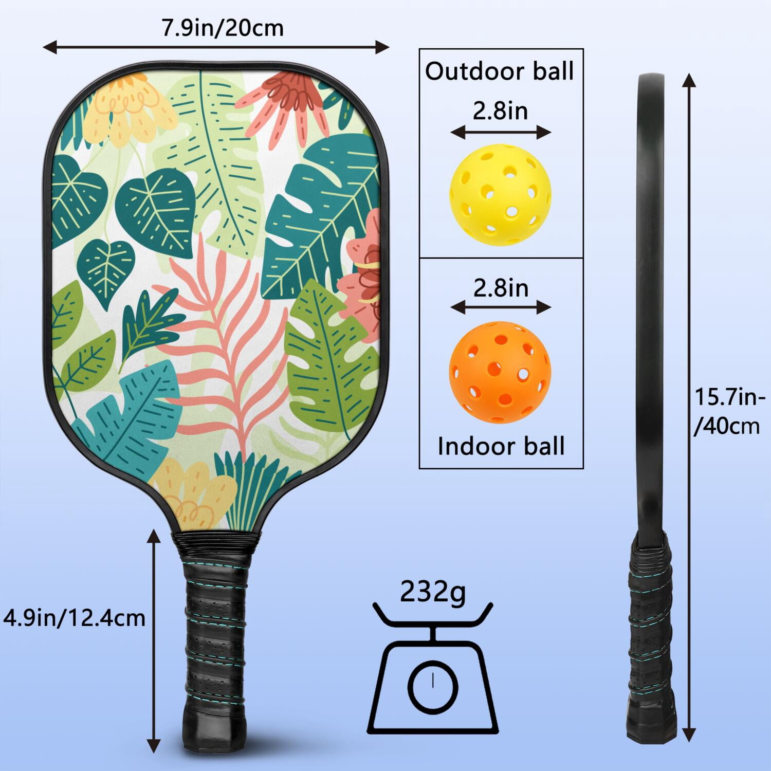 Pickleball Paddles Set Of 2, Fiberglass Surface, Tropical Jungle Print, 4 Balls & Bag