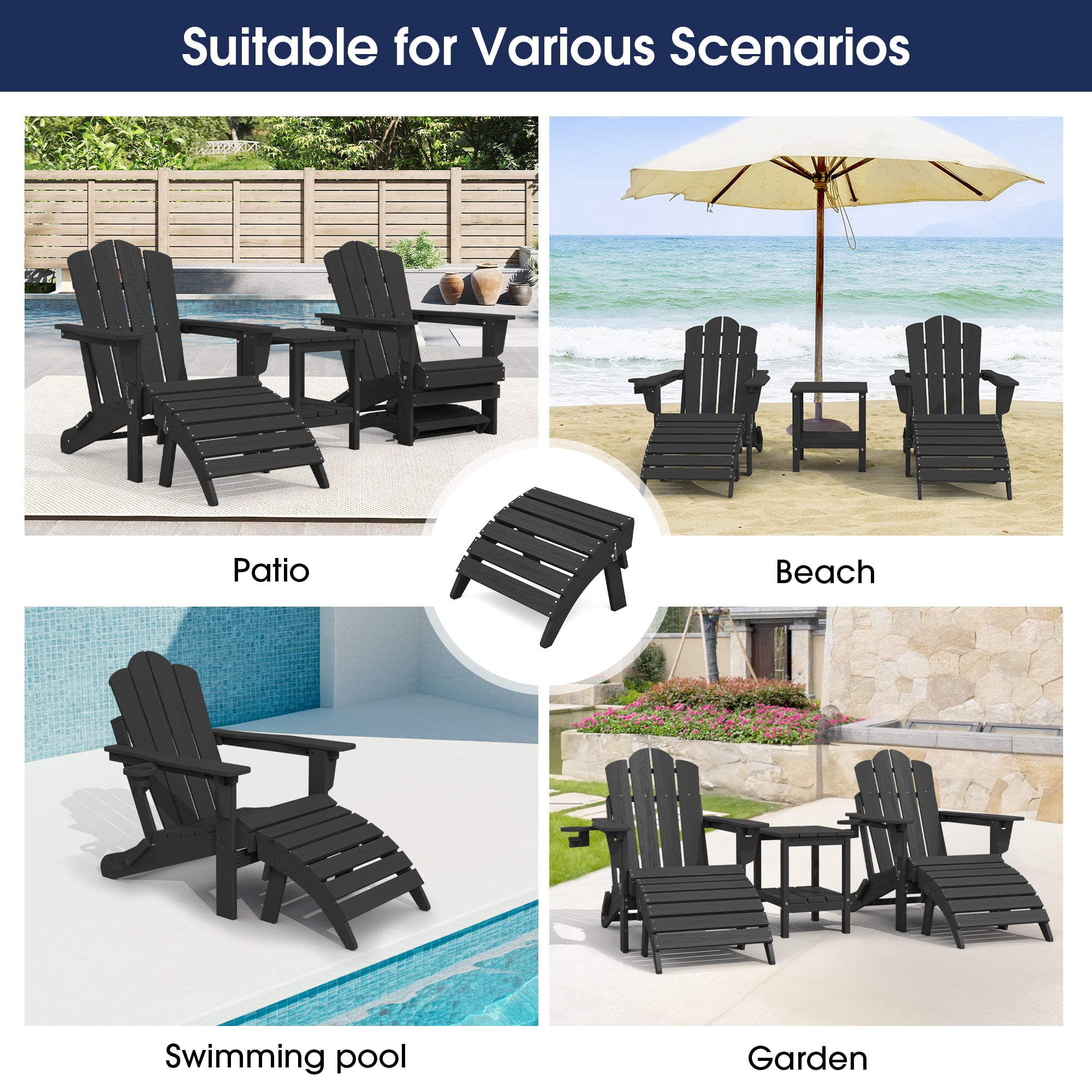 KINGYES Folding Adirondack Ottoman, HDPE Outdoor Foot Rest, Plastic Adirondack Footstool for Adirondack Chairs, Black